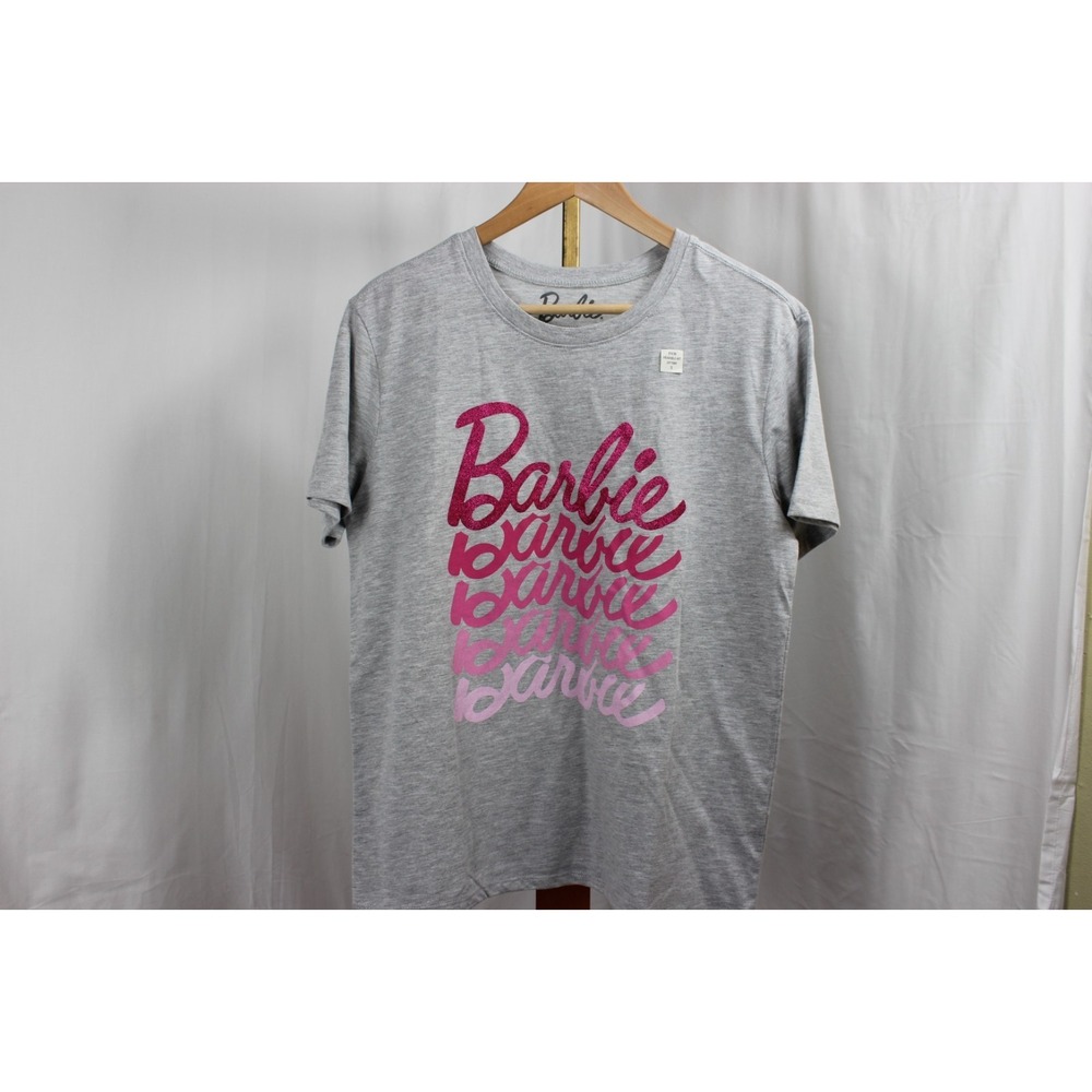 Barbie On Repeat T-Shirt Gray‎ with PINK GLITTER  Accents New Size Small Women's